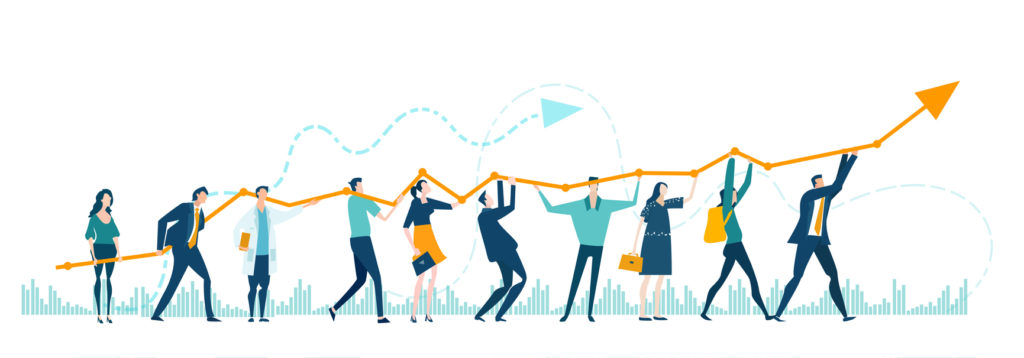 Business people caring growth arrow as a symbol working together, making a progress, successful way to move the businessBusiness people queueing for the better job. Finding new opportunity, competing, improving and care growth concept illustration