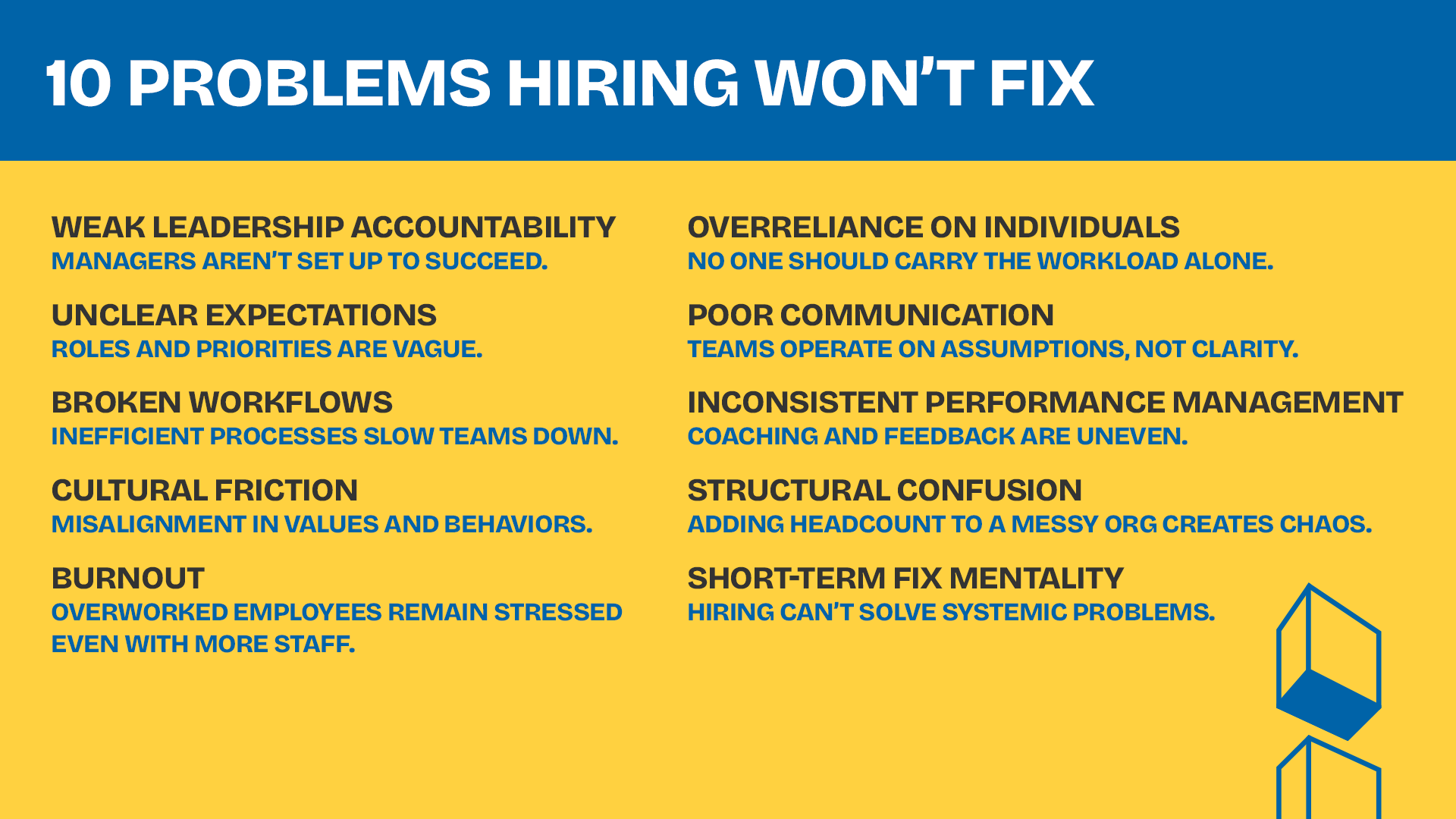 Infographic listing 10 organizational issues hiring won't fix, including weak leadership, broken workflows, and poor communication.