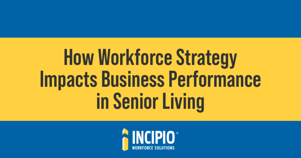 A blue and yellow promotional graphic for Incipio Workforce Solutions titled "How Workforce Strategy Impacts Business Performance in Senior Living"