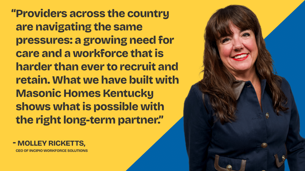 Quote graphic featuring Molley Ricketts, CEO of Incipio Workforce Solutions, reflecting on the value of long-term partnerships in solving senior living and long-term care recruitment challenges.