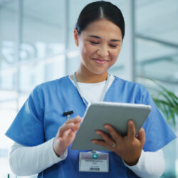 Healthcare, woman or nurse with tablet for research, medical info or diagnosis results with smile. .